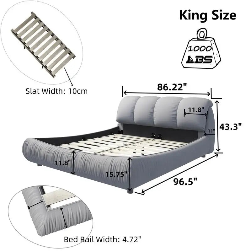 King Size Luxury Upholstered Platform Bed with Oversized Padded Backrest & Solid Wood Frame