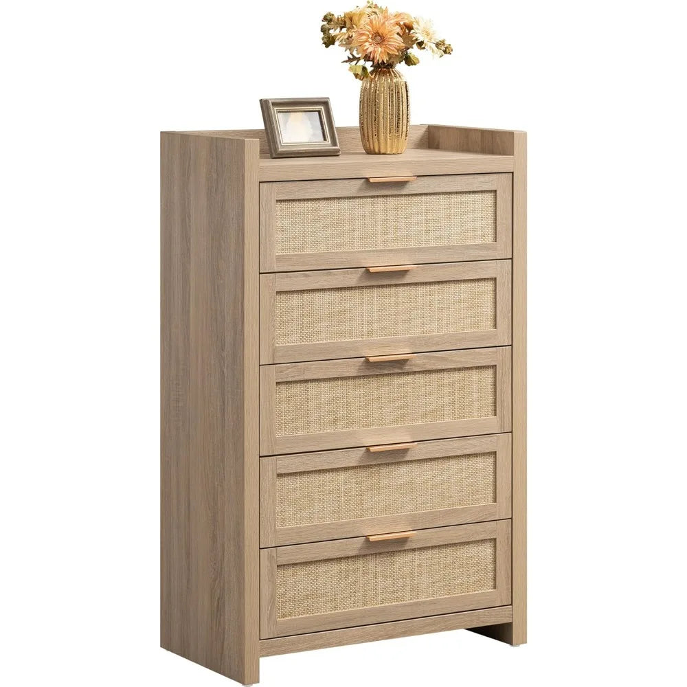 Tall Boho Rattan 5-Drawer Dresser – Bedroom & Closet Storage Chest
