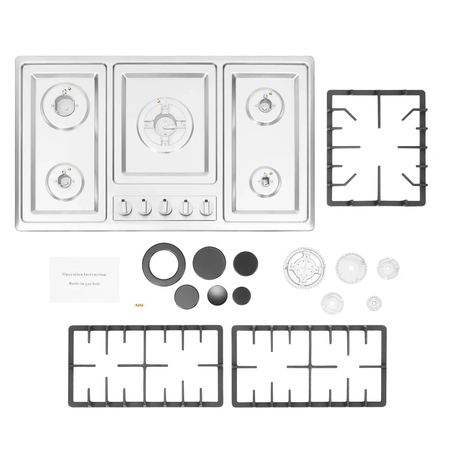 5-Burner Gas Cooktop – Stainless Steel Panel Stove for Natural Gas & LPG