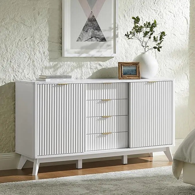 Fluted Dresser with Sliding Doors & Faux Marble Top