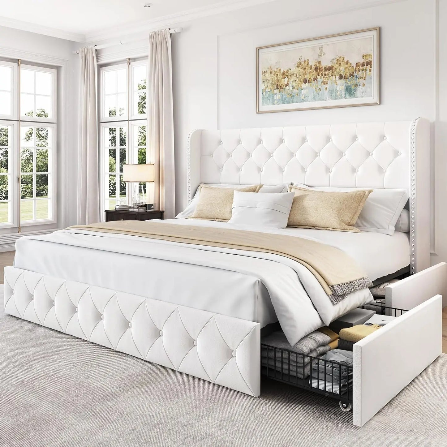 LARMACE King Size Velvet Upholstered Platform Bed – Modern Bed Frame with Headboard