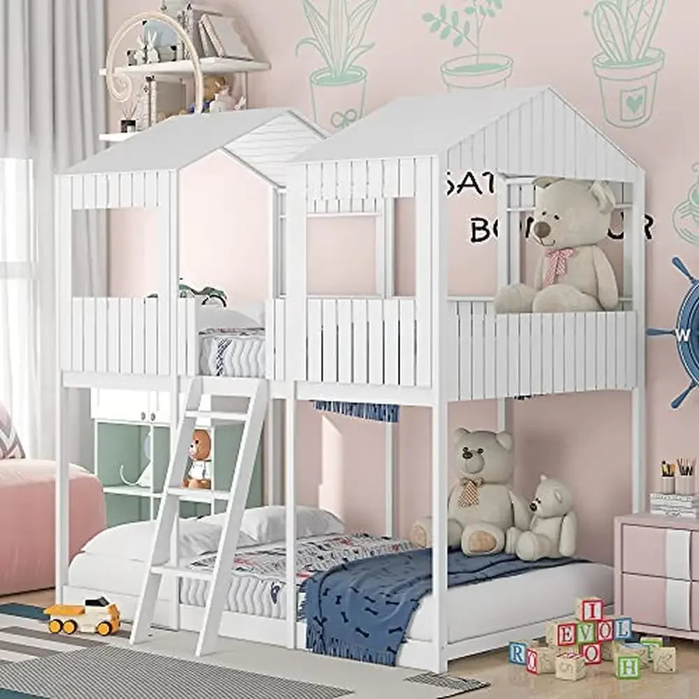 Full Size House Bunk Bed with Roof, Window, Guardrails & Ladder, White Modern Loft Design