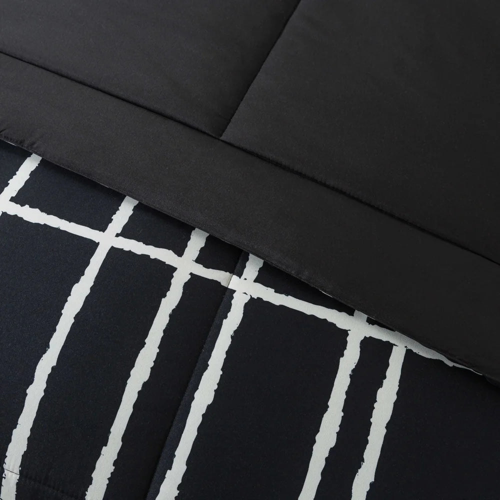 7-Piece Reversible Comforter Set – Black & White Checker Pattern, Full Size with Sheets, Shams & Storage Bag