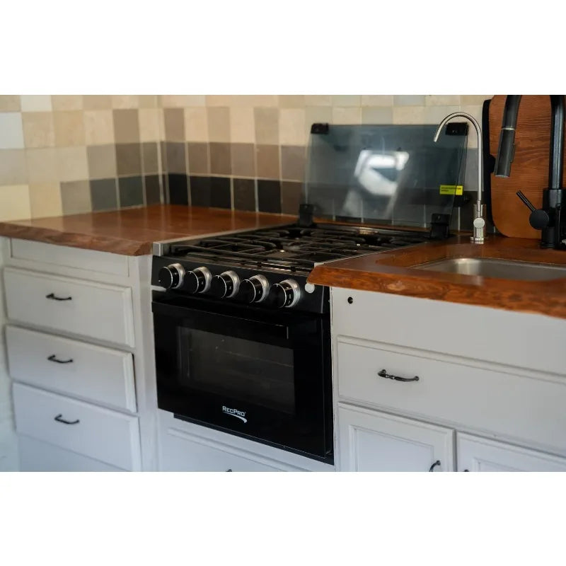 RecPro RV Stove – 17" Black Gas Range with 3 Burners (6,500 & 8,000 BTU) and 7,100 BTU Oven, 1.24 Cu. Ft. Capacity