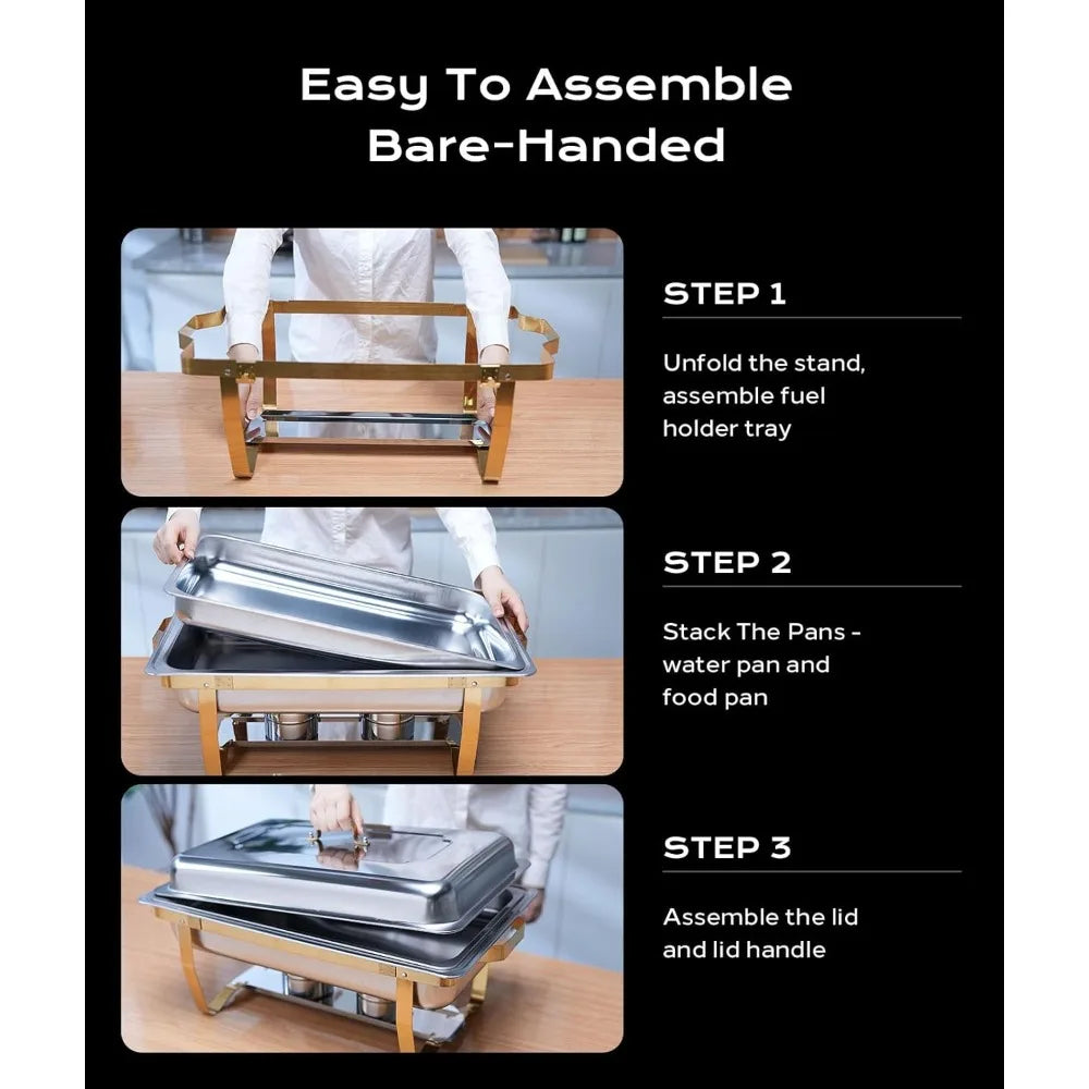 Chafing Dishes for Buffet Set – 4 Pack, 9QT Stainless Steel Chafing Dish with Elegant Gold & Silver Accents