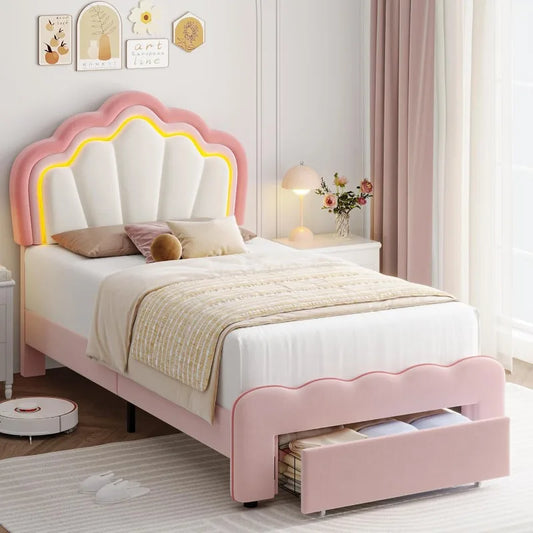 HOSTACK Twin Princess Bed Frame – Upholstered Velvet with LED Lights & Storage Drawer (Pink/Beige)