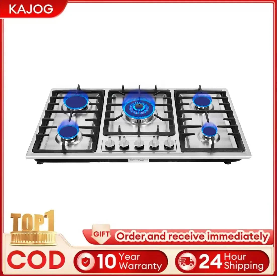 5-Burner Gas Cooktop – Stainless Steel Panel Stove for Natural Gas & LPG