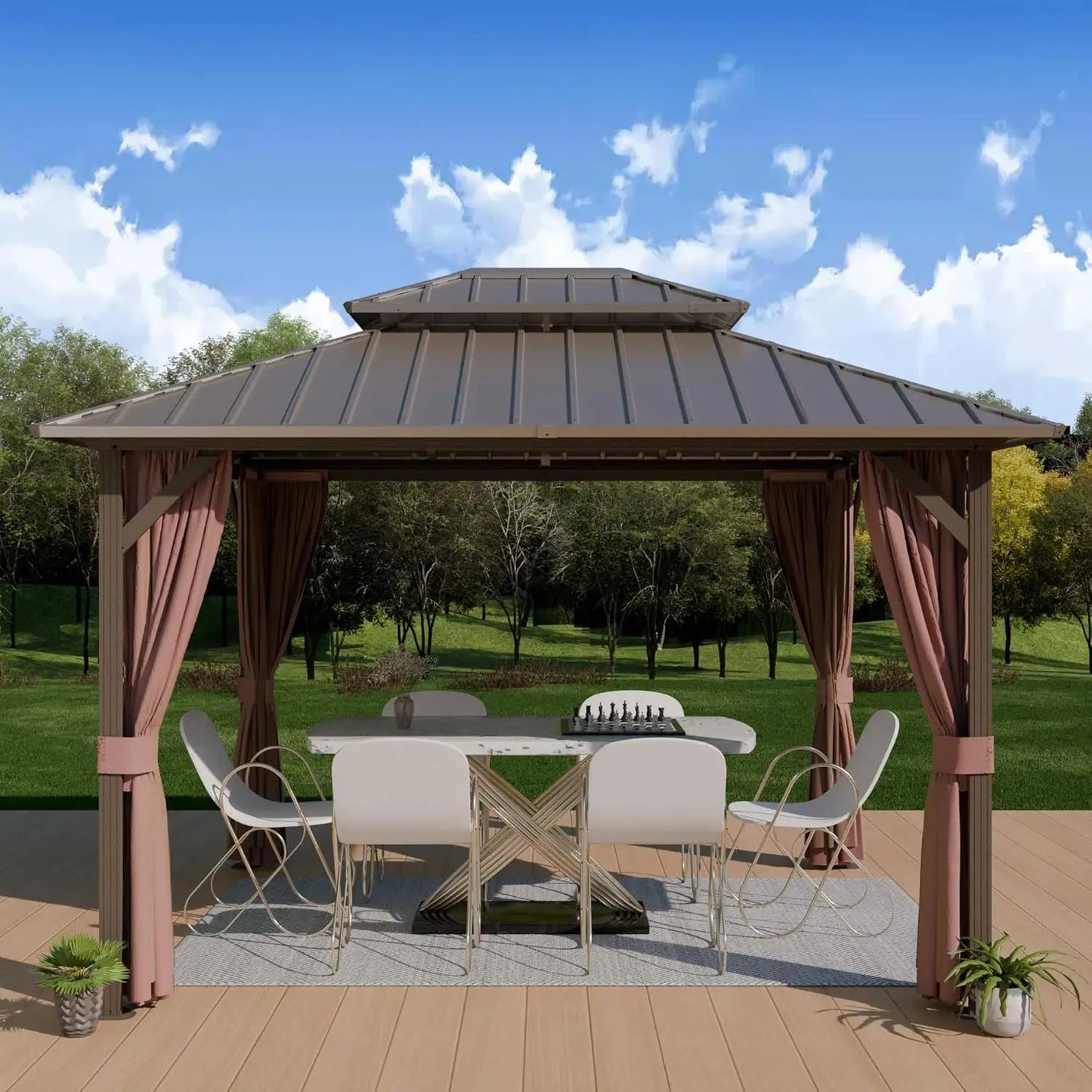 12'x16' Hardtop Gazebo with Aluminum Frame & Galvanized Steel Double Roof, Netting & Curtains