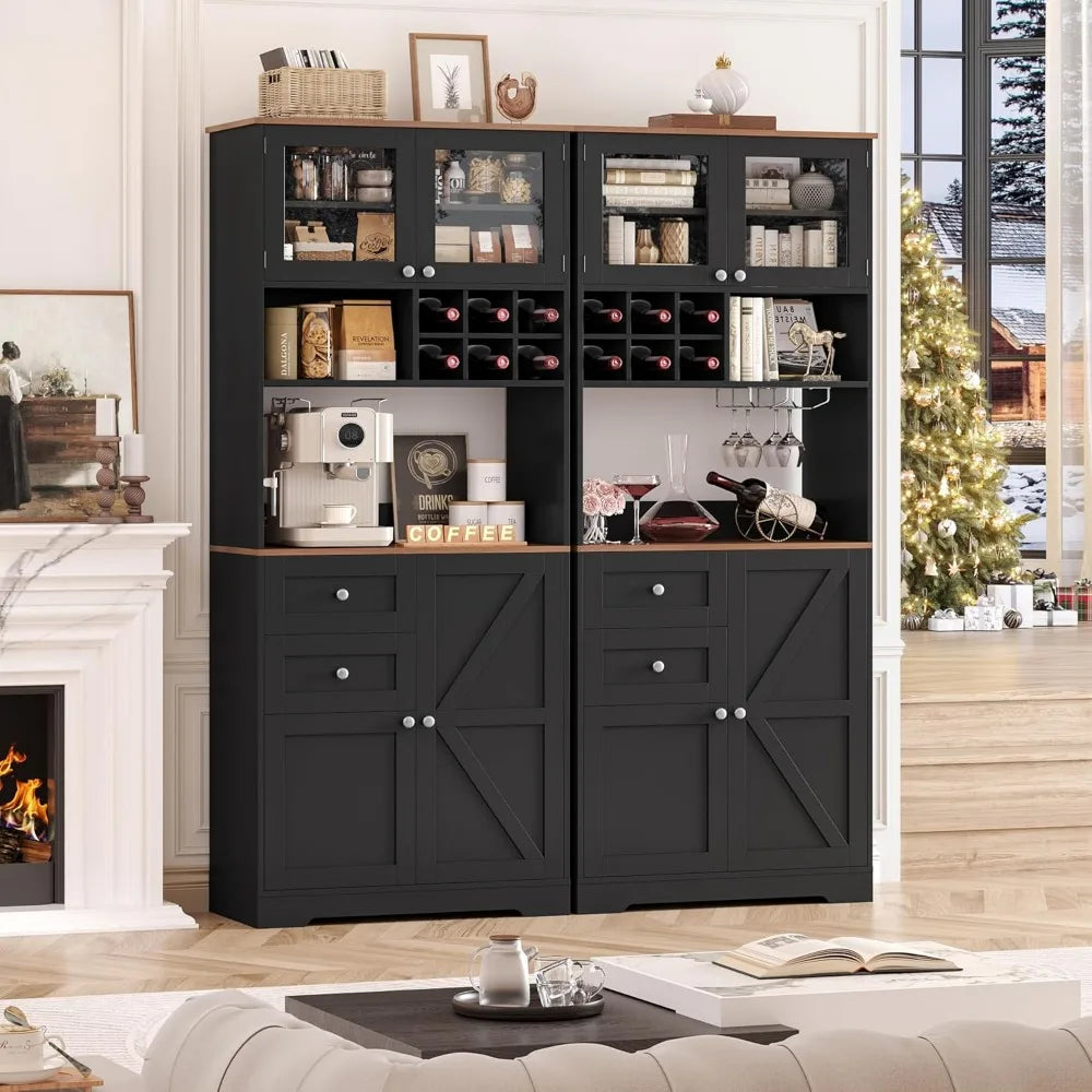 75" Coffee Bar Cabinet with Hutch – Pantry Storage Cabinet with Sliding Barn Door, Wine Rack & Shelves