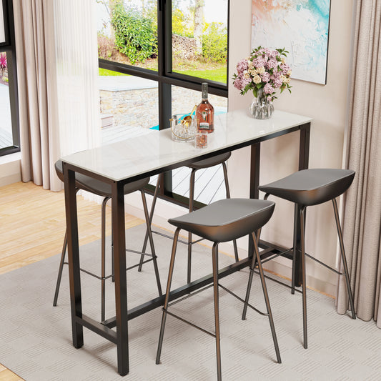 Sintered Stone Bar Table – White Rectangular Counter-Height Dining Table with Black Metal Frame, High Top Pub Table