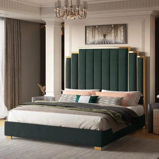 King Size Velvet Platform Bed Frame – Green Upholstered with Gold Trim Headboard & Wooden Slats