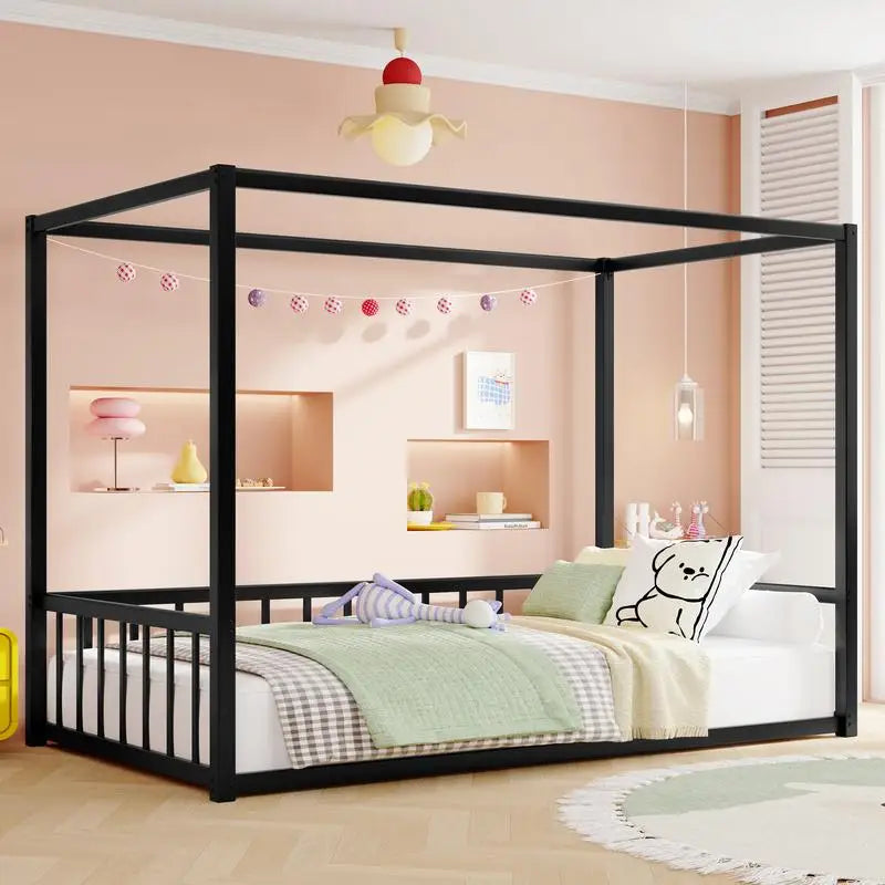Modern Twin Size Floor Bed, Black Iron Frame, Low-Profile Design with Fence Guardrails