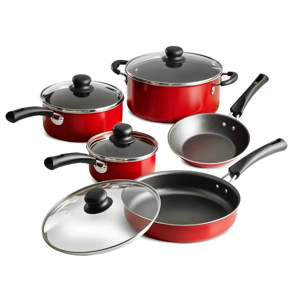 9-Piece Nonstick Cookware Set – Red Aluminum Pots & Pans with Dutch Oven, Saucepans, Saute Pan & Glass Lids