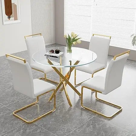 Glass Dining Table Set for 4 – 36" Round Silver Tempered Glass Table with 4 Black Faux Leather Chairs, Modern Kitchen & Home Office
