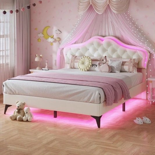Full Size Princess Bed Frame – Upholstered Platform with LED Lights & Adjustable Crystal Headboard