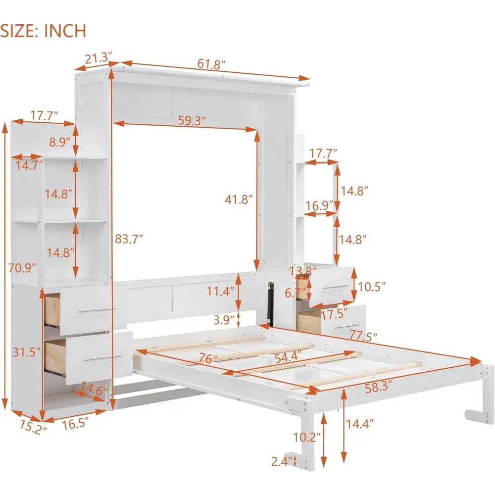 Harper & Bright Designs Full Murphy Bed with Storage Shelves, Drawers & LED Light