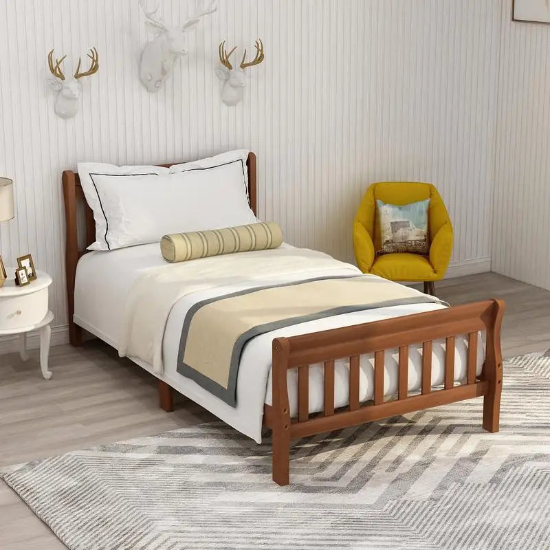 Twin Wood Platform Bed Frame with Headboard & Footboard, Sleigh Design, Sturdy Slat Support