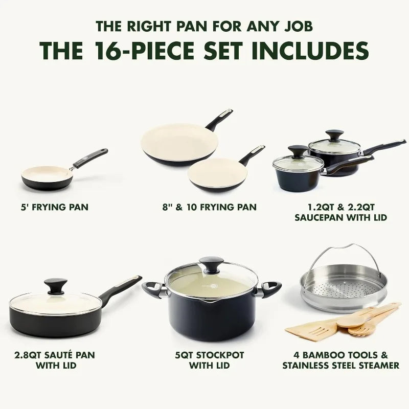 GreenPan Rio 16-Piece Cookware Set – Nonstick Pots & Pans with Frypans, Saucepans, Saute Pan, Stock Pot & Kitchen Tools, Dishwasher Safe, Black