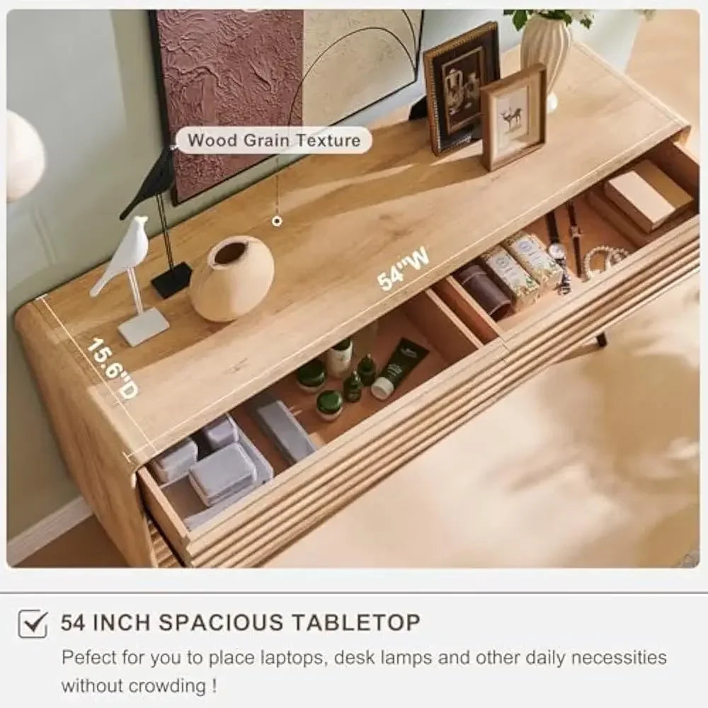 54" Wide Mid-Century Modern Fluted Double Dresser with Tapered Legs