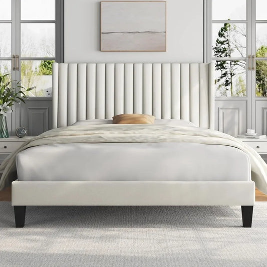 Upholstered Platform Bed Frame – Fabric Headboard with Wing Edge & Wooden Slat Support