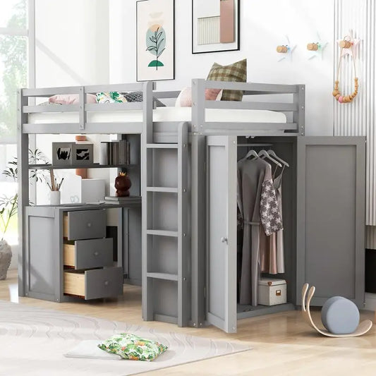 Gray Twin Loft Bed with Drawers, Desk & Wardrobe – Space-Saving Kids’ Bedroom Furniture