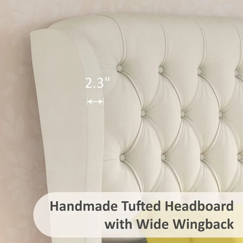 King Size Chenille Upholstered Sleigh Platform Bed, Curved Headboard & Footboard, Tufted Design