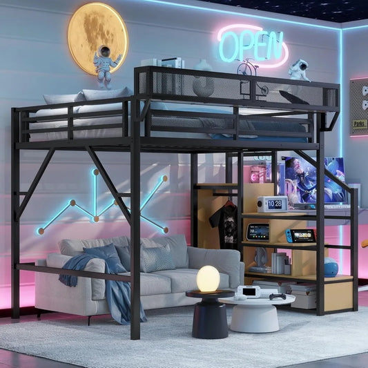 Queen Size Metal Loft Bed with Stairs & Storage, Bedside Shelf, Heavy-Duty Frame