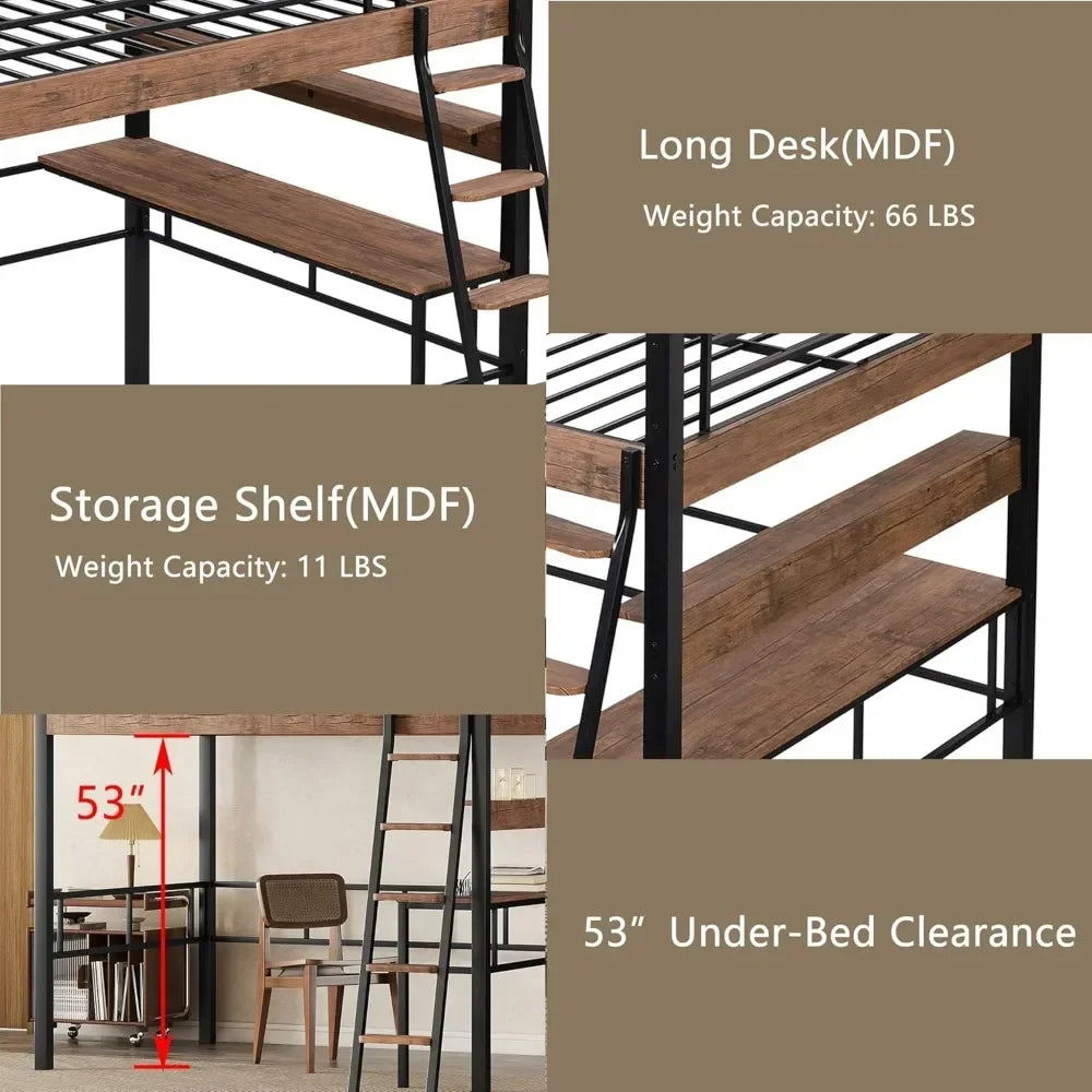 Full Size Metal Loft Bed with Desk, Storage Shelf, Built-in Ladder & Full-Length Guardrails