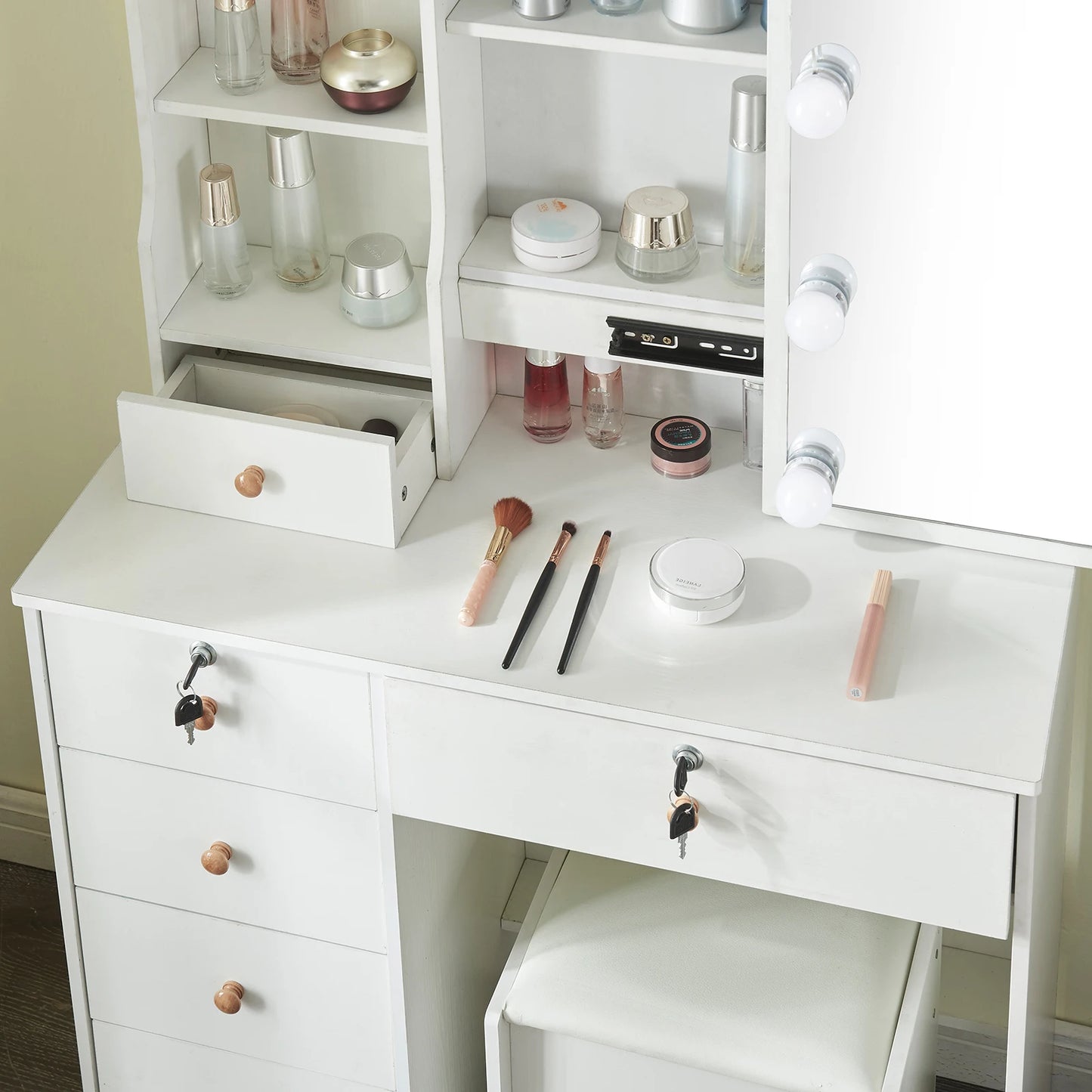 Makeup Vanity Table with Drawers & Stool – White Modern Desk Set