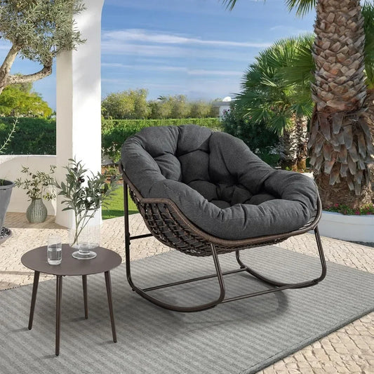 Oversized Wicker Egg Rocking Chair – Indoor/Outdoor Lounge Chair with Plush Cushion
