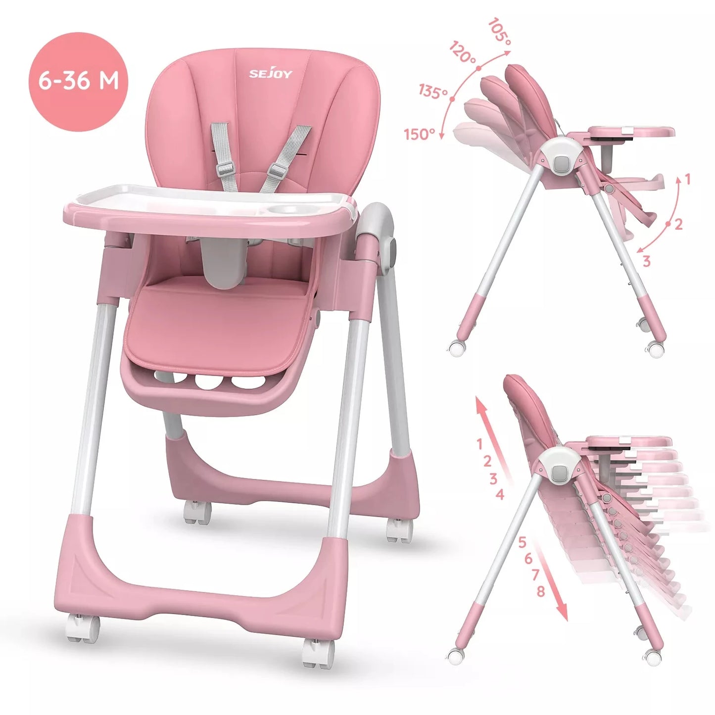 SEJOY Folding Baby High Chair – Convertible Design with Removable Tray & Adjustable Seat