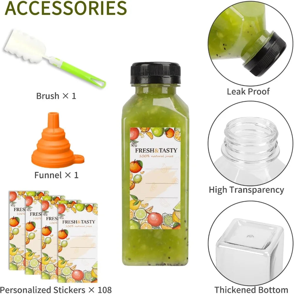 Hot-Sell! 100pcs 12oz Plastic Reusable Juice Bottles with Caps – Clear Bulk Beverage Containers with Lids, Labels, Funnel & Brush