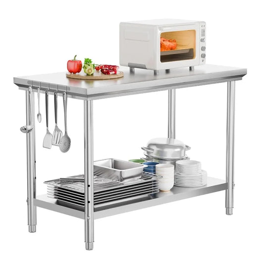 ROVSUN 48"×24" Stainless Steel Prep Table – Heavy Duty Workstation with Adjustable Shelf & Hooks