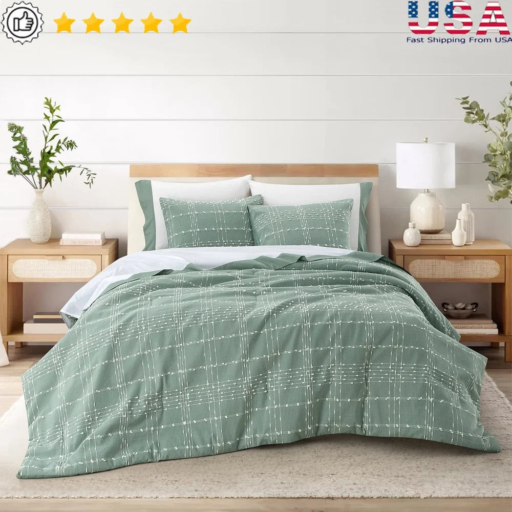 7 Piece Green Plaid Bed in a Bag Comforter Set with Sheets Queen Soft Breathable Hypoallergenic Bedding Ensemble Year Round