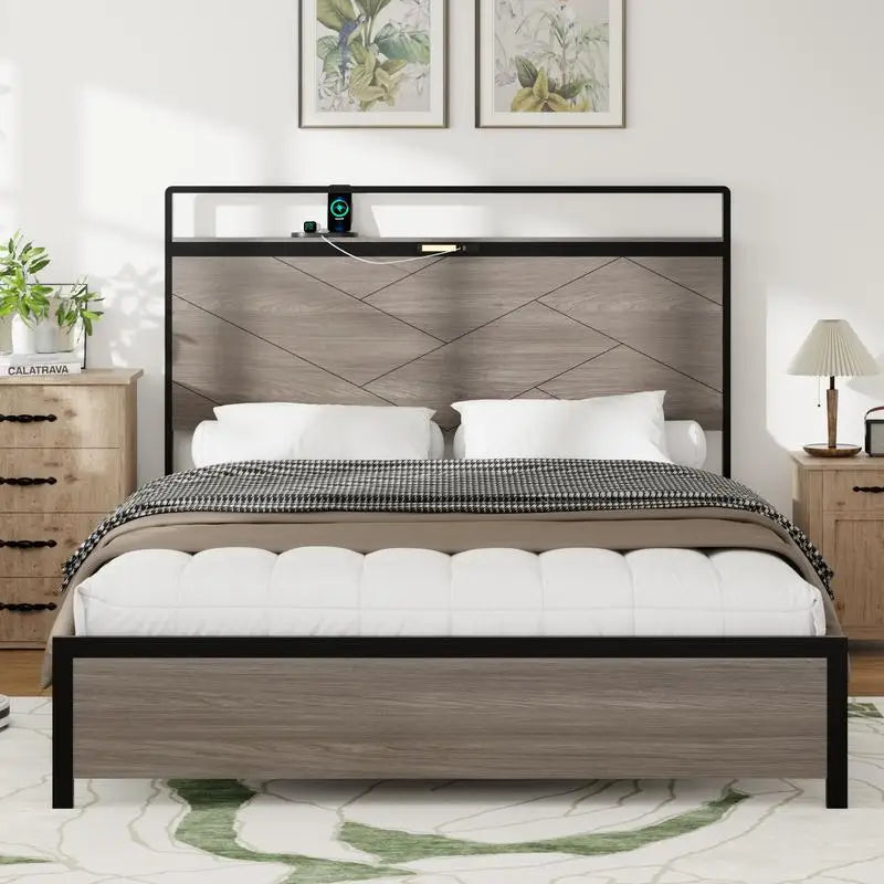 Queen Size Wooden Platform Bed Frame with Storage, LED Headboard & USB, No Box Spring Needed