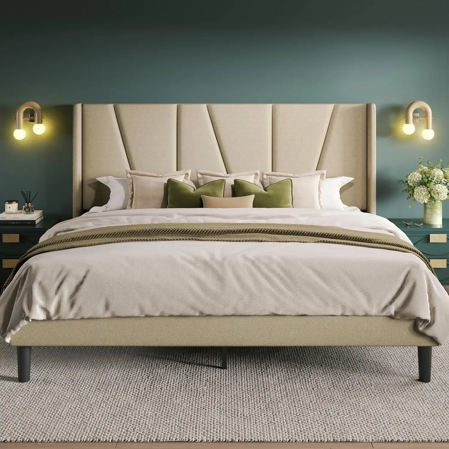 King Size Platform Bed with Geometric Wingback Headboard – Modern Upholstered Frame with Wood Slats