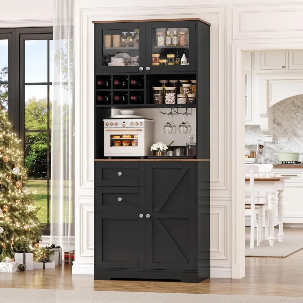75" Coffee Bar Cabinet with Hutch – Pantry Storage Cabinet with Sliding Barn Door, Wine Rack & Shelves