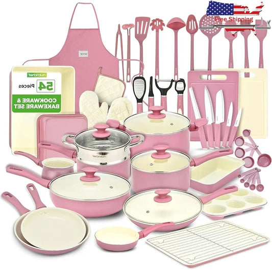 54-Piece Non-Stick Ceramic Cookware Set – Pots, Pans, Knives, Utensils & Bakewarecookware set, ceramic pots and pans, non stick cookware, kitchen tools set, 54 piece cookware, bakeware set, induction cookware, gas stove coo