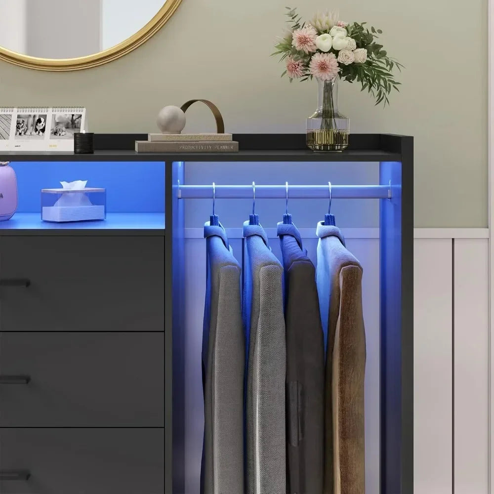 Modern Black Dresser with Clothes Rail & 4 Drawers – LED Lights & Open Storage for Bedroom or Entryway