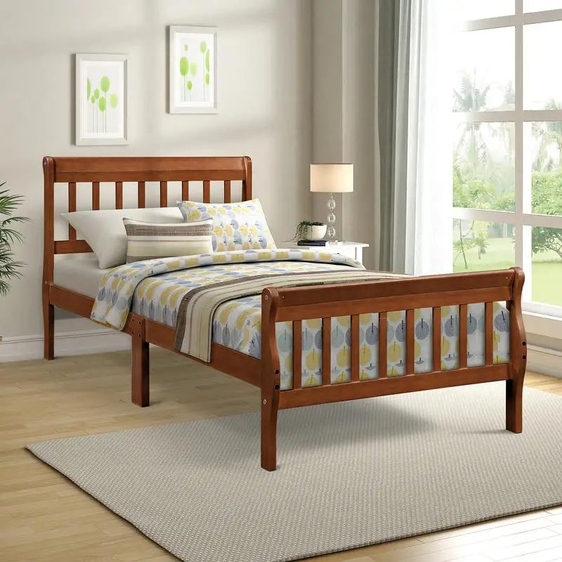 Twin Wood Platform Bed Frame with Headboard & Footboard, Sleigh Design, Sturdy Slat Support