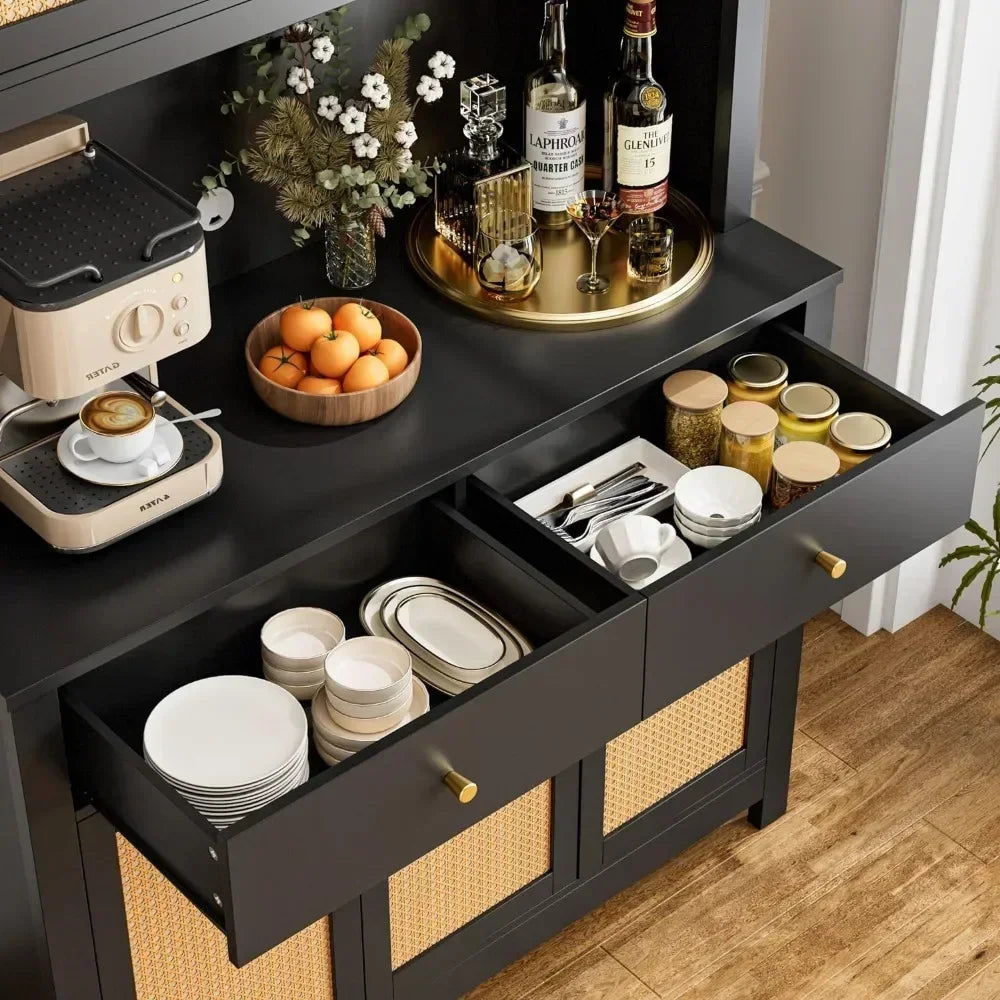 71" Tall Kitchen Hutch Cabinet – Storage Cabinet with Rattan Doors, Microwave Stand & Charging Hole