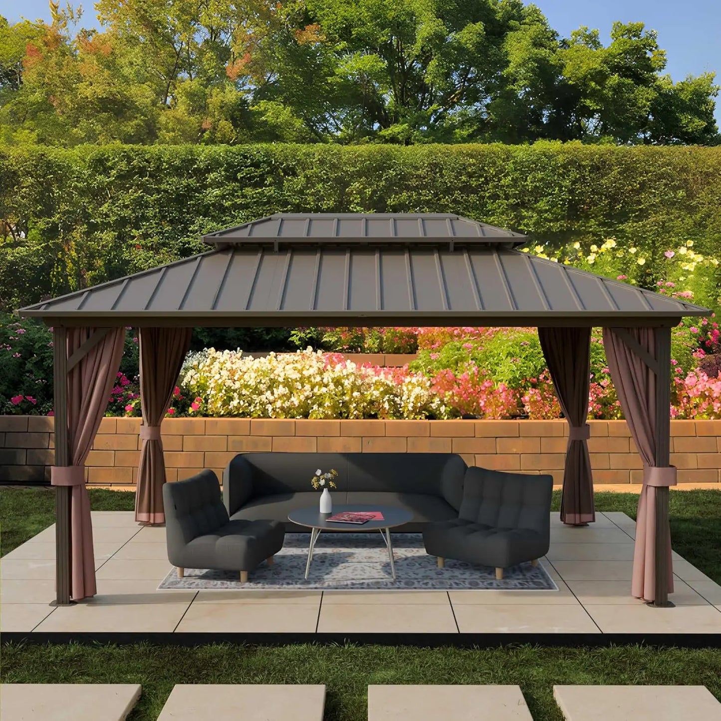 12'x16' Hardtop Gazebo with Aluminum Frame & Galvanized Steel Double Roof, Netting & Curtains