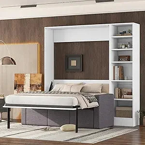 Harper & Bright Designs Full Murphy Bed with Storage Shelves, Drawers & LED Light