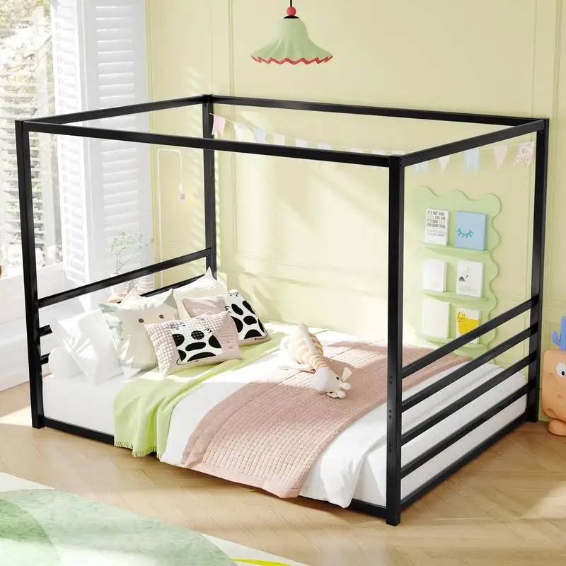 Queen Size Sunshade Floor Bed, Black Iron Frame, Low-Profile Design with Fence Guardrails