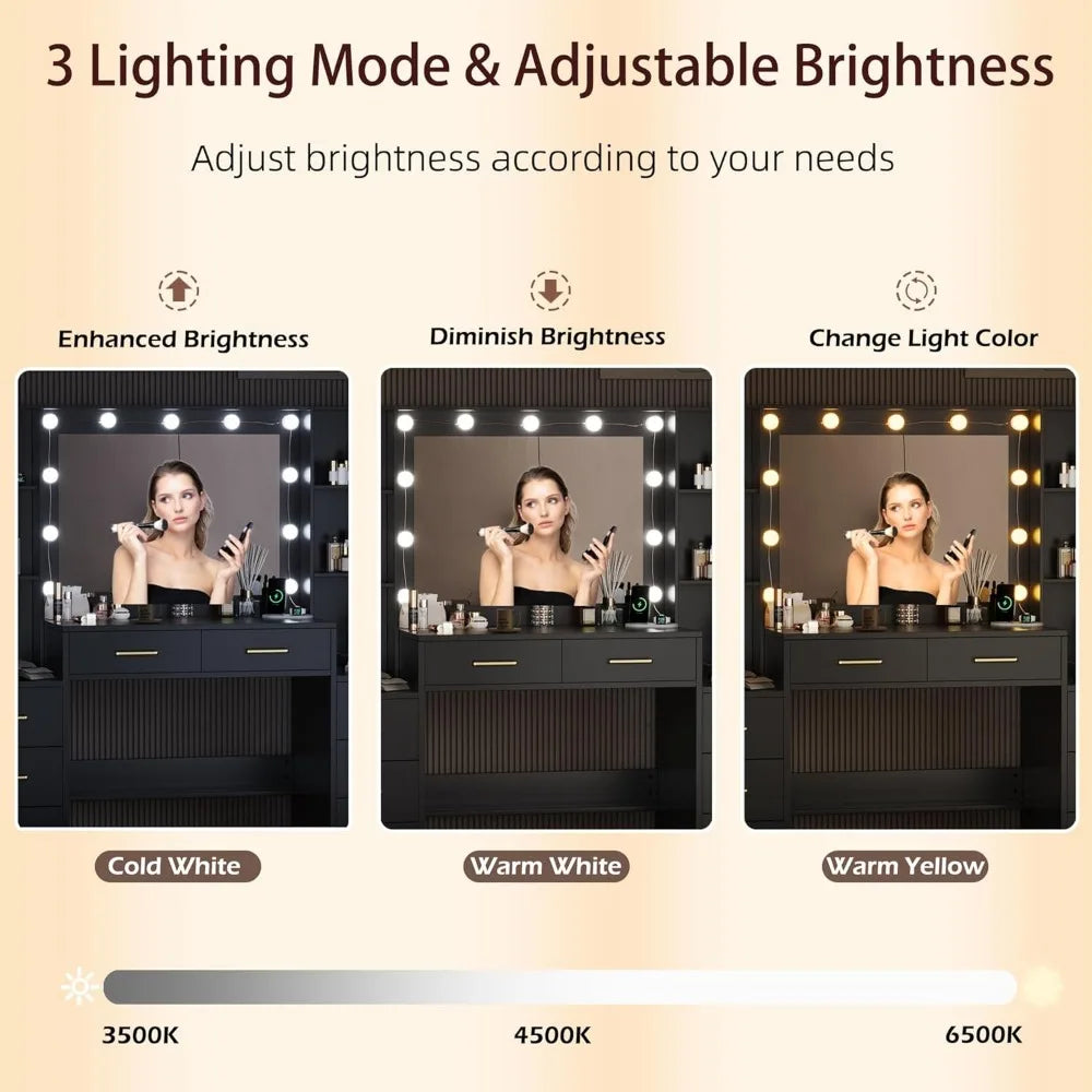 Black Vanity Desk with Mirror, Lights & Charging Station,  58.3" 3 Lighting Modes Makeup Desk