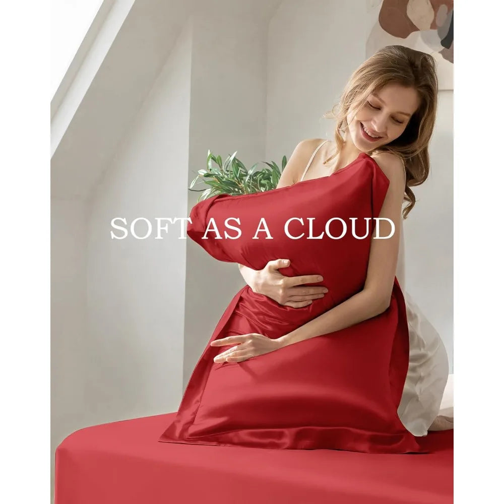 Queen 100% Mulberry Silk Sheet Set – 4-Piece Luxury Red Bedding