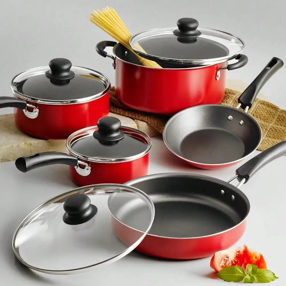 9-Piece Nonstick Cookware Set – Red Pots & Pans with Lids