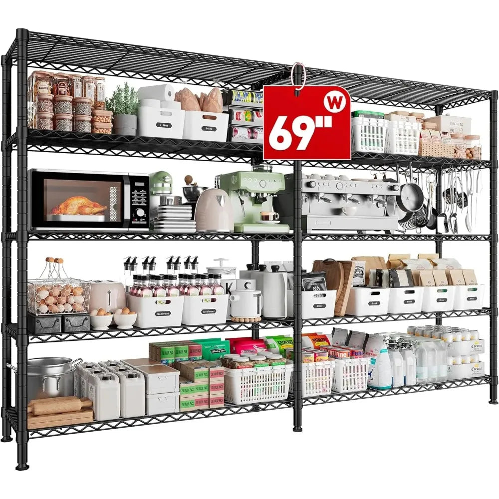 69" W Storage Shelves,Wire Shelving Load 1600LB Metal Shelves for Storage 5-Tier Heavy Duty Shelving Unit with Shelf Adjustable
