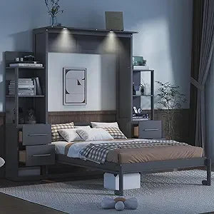 Harper & Bright Designs Full Murphy Bed with Storage Shelves, Drawers & LED Light