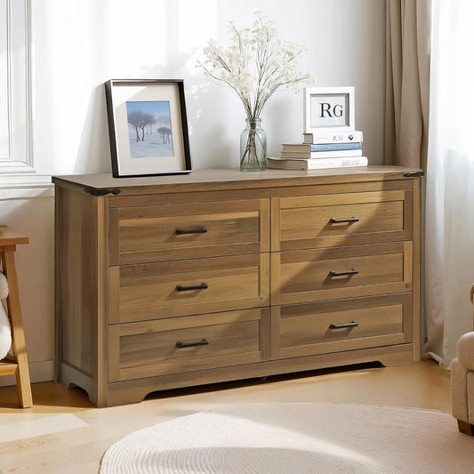 54" Wide Farmhouse 6-Drawer Wooden Dressing Table with Metal Handles